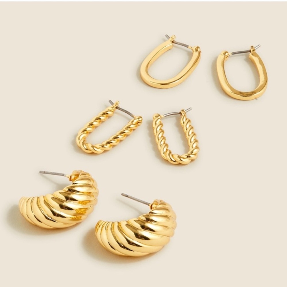 J. Crew Set of 3 Gold Earrings Elegant Sculptural Jewelry
